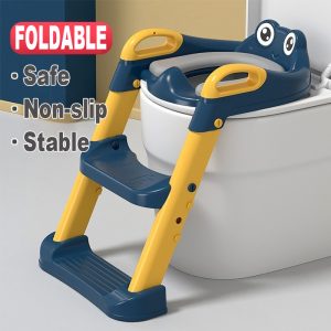 Children Potty Training Toilet with Ladder Seat – Foldable Non-Slip Staircase Design, Adjustable Height, Splash-Proof, Fits 1-7 Years